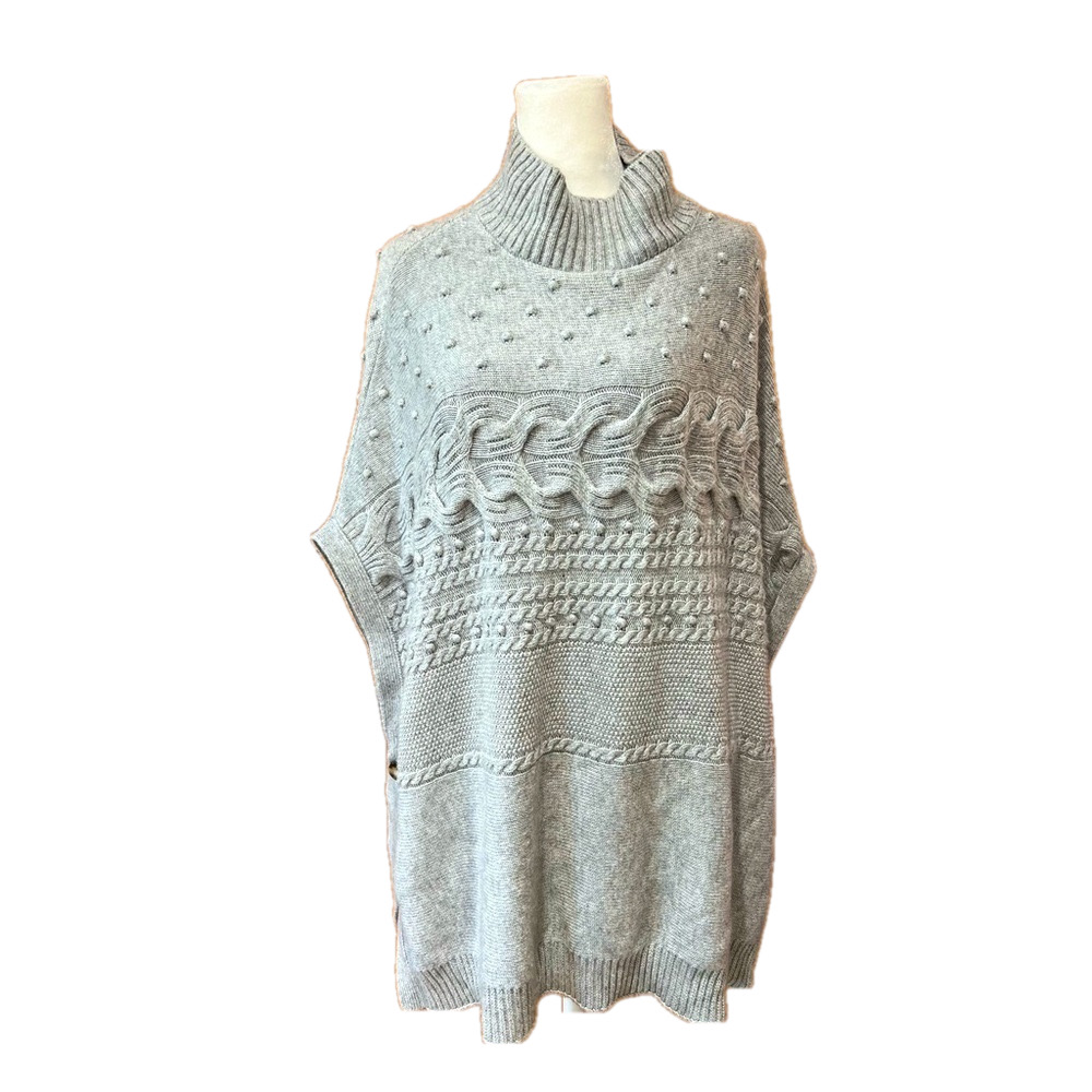 Talbots Womens Gray Sleeveless Cable Knit Poncho Cape Sweater Size S Mock Neck